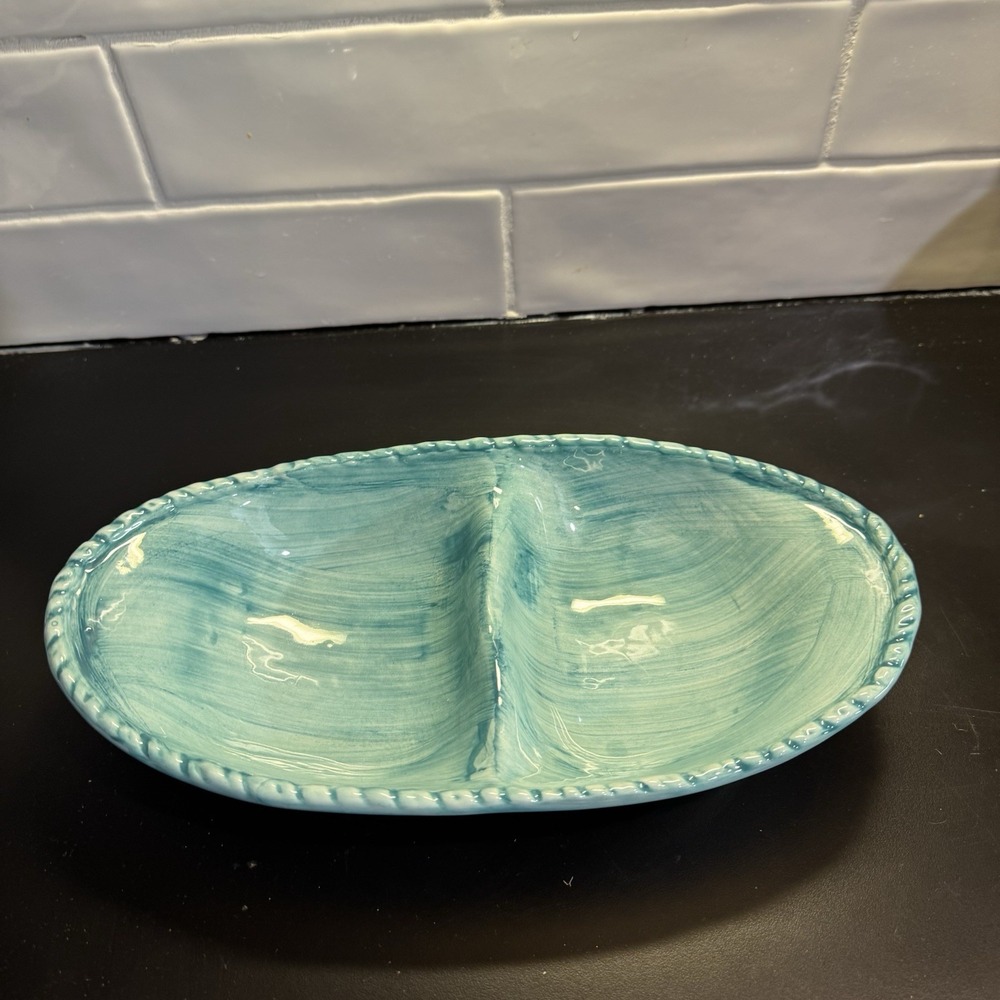 Vintage Italian Divided Ceramic Serving Dish Teal Blue Glaze‎ 11½″ Mid-Century